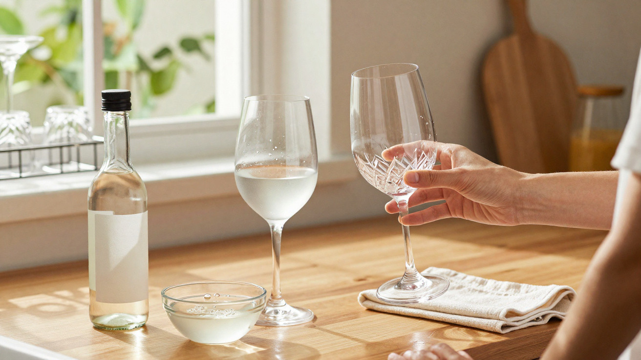 Mão segurando taça de vidro decorada, ao lado de outra taça, garrafa e prato com líquido transparente em mesa de madeira.