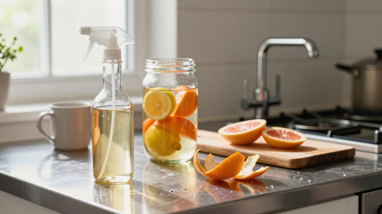 Borrifador com líquido, jarra com frutas cítricas, casca de laranja e tábua com frutas na cozinha.