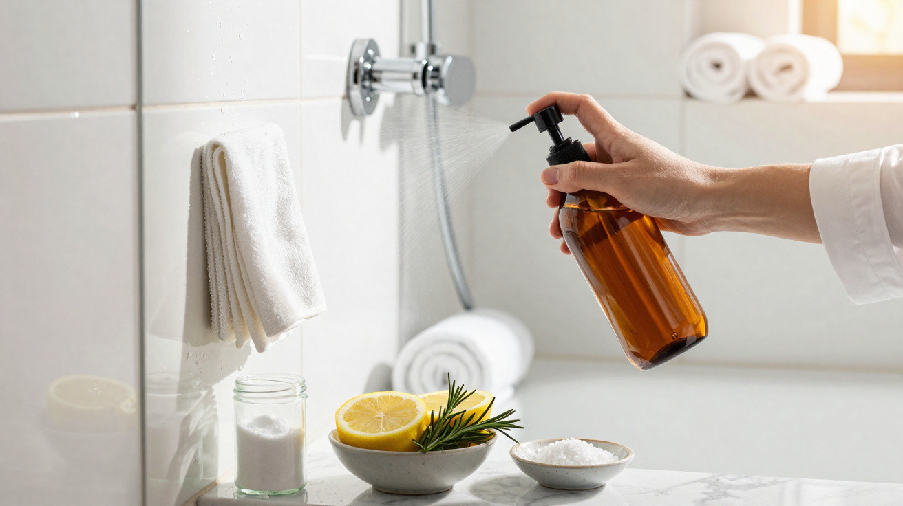 Mão espirrando spray de frasco âmbar em banheiro com toalhas, limão, alecrim e tigelas com sais.