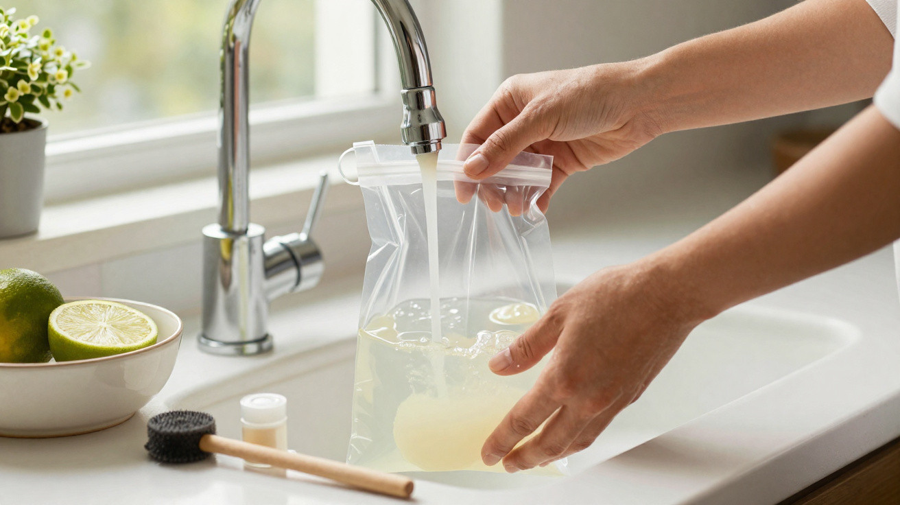 Mãos seguram saco plástico transparente para encher com água da torneira na pia da cozinha.