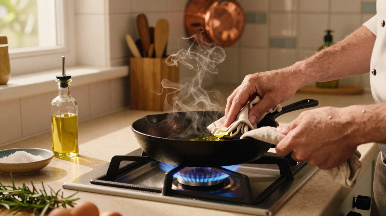 Mãos segurando uma frigideira sobre chama de fogão, com óleo quente e vapor subindo.