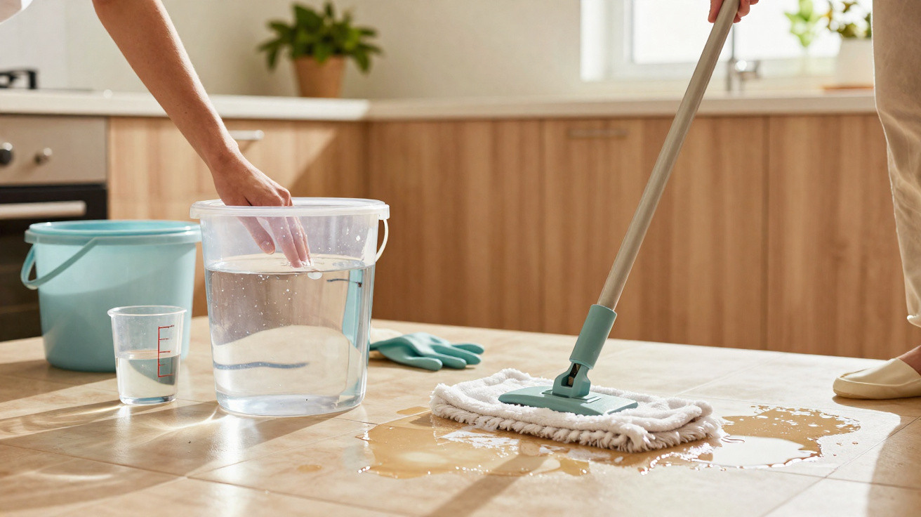 Pessoa limpando o chão com esfregão úmido e balde de água em cozinha clara e organizada.