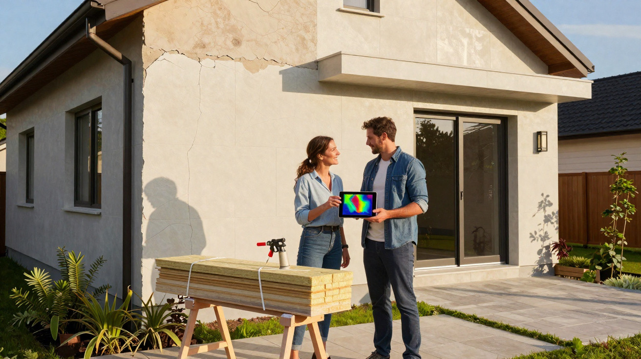 Casal em frente a casa com parede rachada, segurando tablet com imagem térmica e materiais de construção.