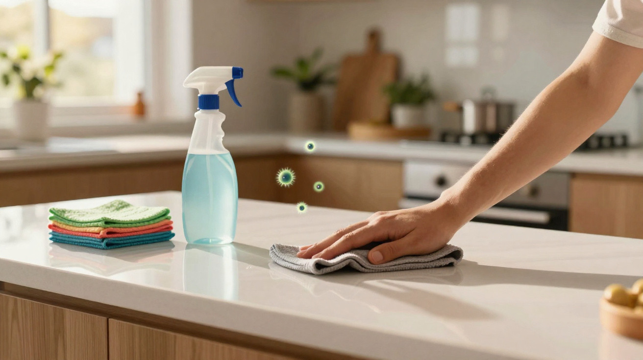 Mão limpando balcão de cozinha com pano cinza, spray de limpeza e panos coloridos ao lado.