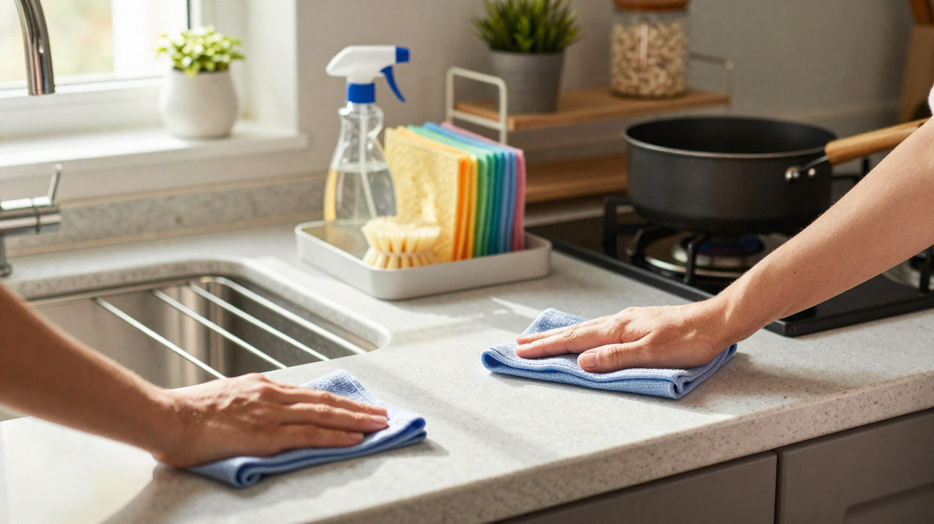 Duas pessoas limpando bancada de cozinha com panos azuis, próximo à pia e fogão.