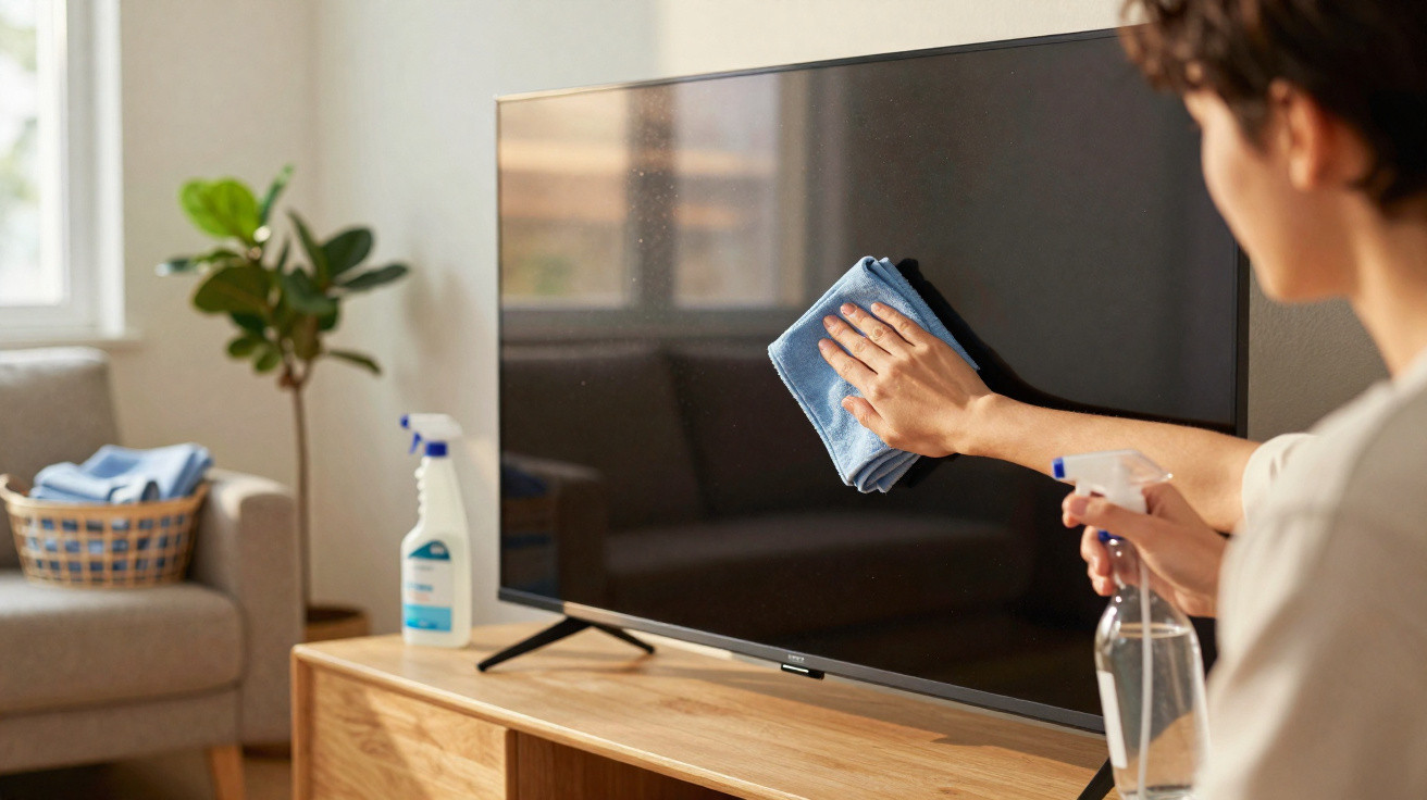 Pessoa limpando a tela de uma TV com pano azul e borrifador em sala de estar.