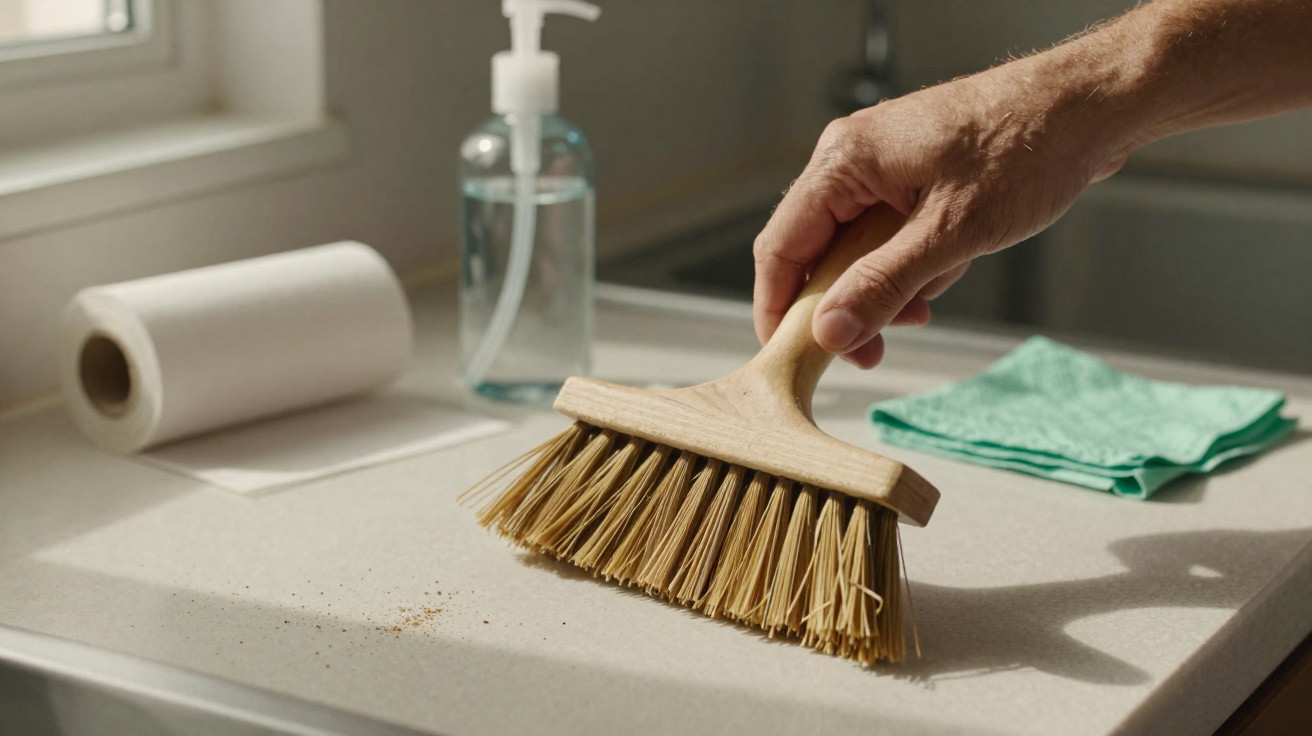 Mão usando escova de cerdas naturais para varrer superfície com pó em bancada com papel toalha e álcool gel.