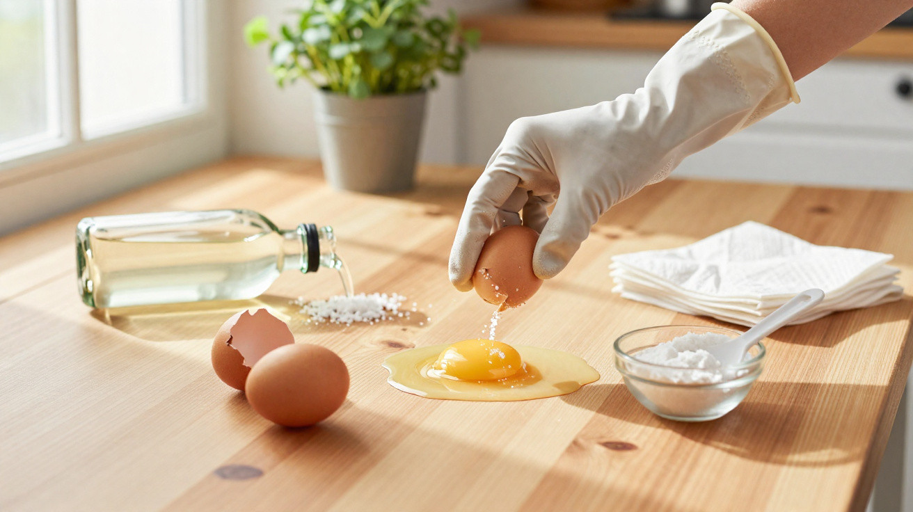 Mão com luva segurando casca de ovo sobre gema quebrada na mesa de madeira com ingredientes.