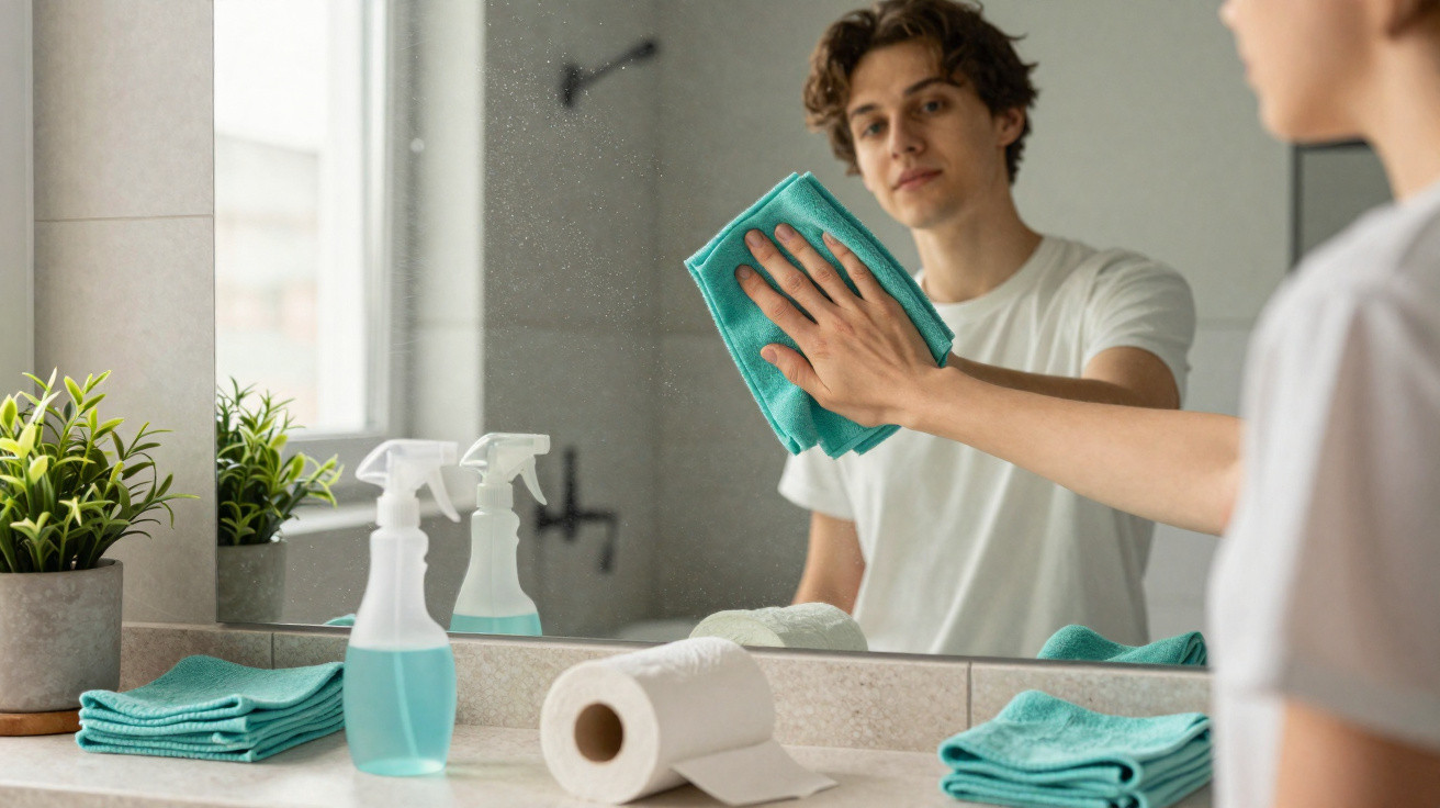 Homem limpando espelho do banheiro com pano azul ao lado de toalhas e produtos de limpeza.