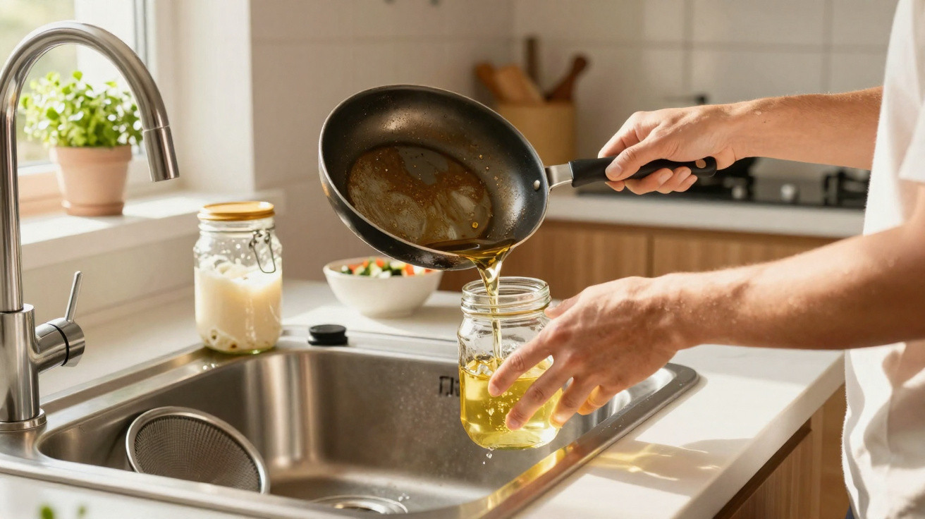 Pessoa despejando óleo de uma frigideira para um pote de vidro sobre pia de cozinha moderna.