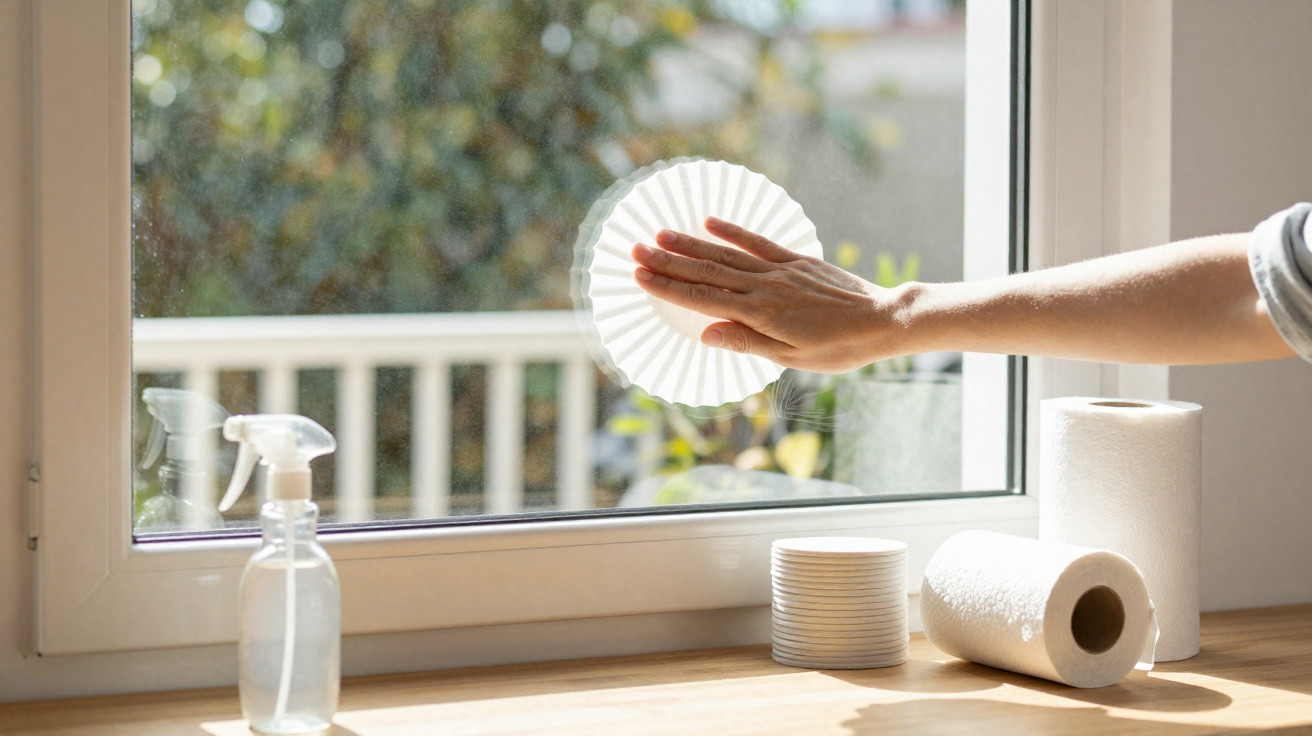 Pessoa limpando janela de vidro com espanador branco e produtos de limpeza ao lado em ambiente iluminado.