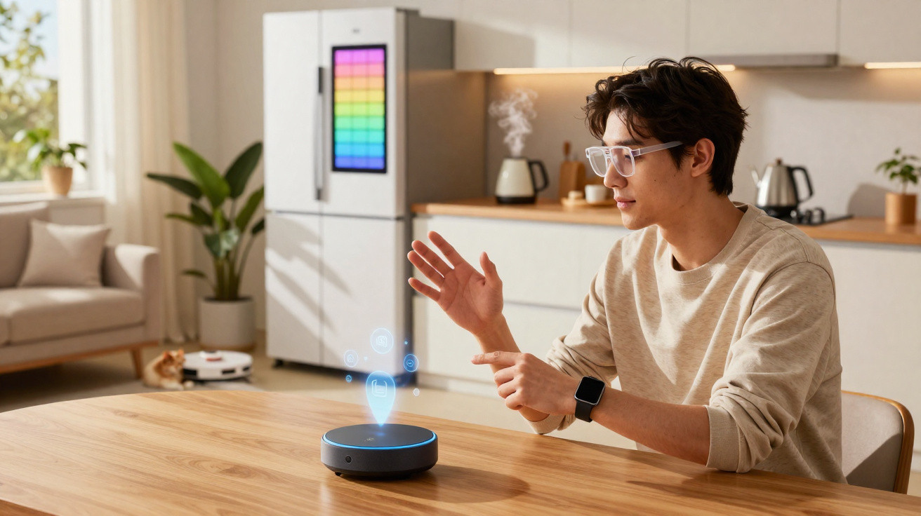 Jovem usando óculos interage com assistente virtual em cozinha moderna, mesa de madeira ao centro.