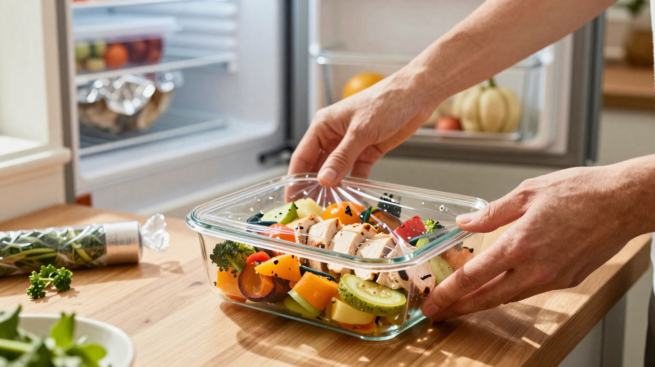 Mãos colocando tampa em recipiente de vidro com salada de legumes e frango na cozinha.