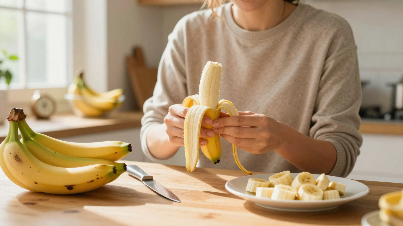 Pessoa descascando banana com várias bananas e fatias cortadas em prato na mesa da cozinha.
