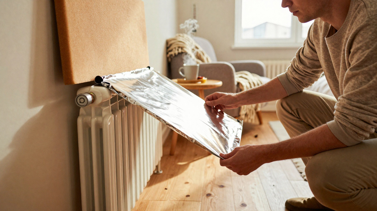 Pessoa colocando papel alumínio refletor atrás de um radiador em ambiente interno aconchegante.
