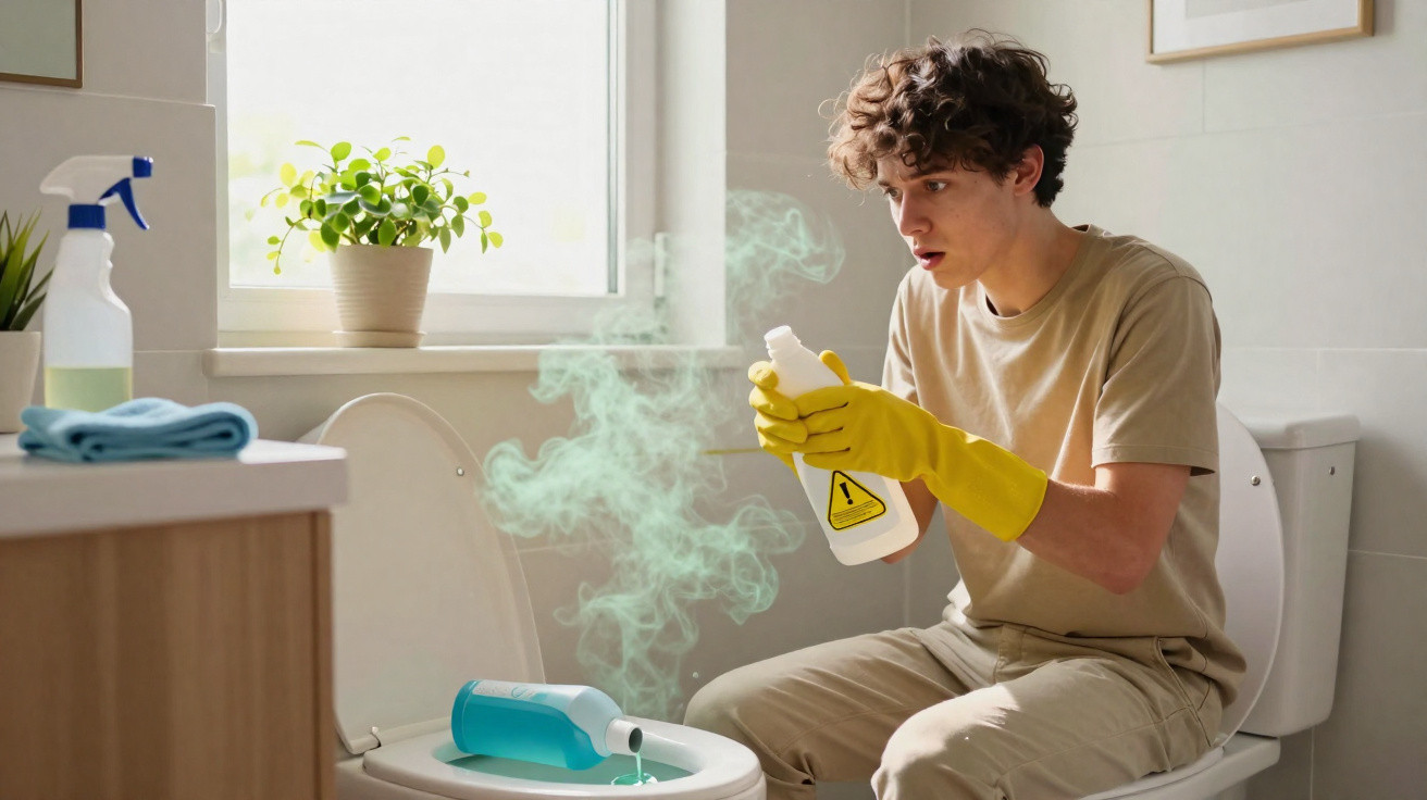 Homem assustado segurando produto químico com sinal de alerta em banheiro com vapor saindo do vaso sanitário.