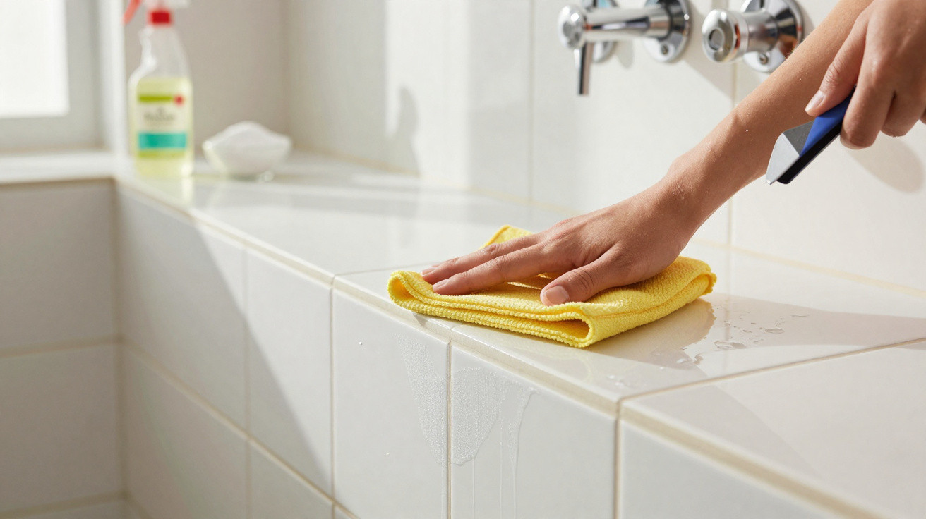 Mão segurando espuma e pano amarelo limpando azulejos brancos próximos a torneira em banheiro iluminado.