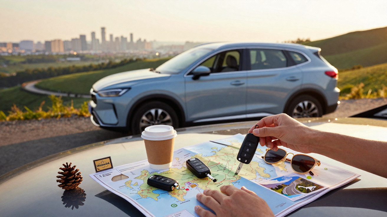 Pessoa segurando chave de carro sobre mapa com SUV cinza estacionado e copo de café ao fundo.