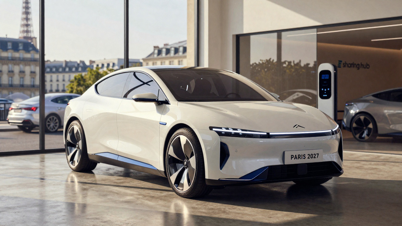 Carro elétrico branco futurista estacionado em ambiente interno moderno com vidros grandes e vista urbana.