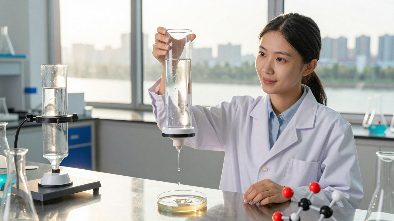 Mulher cientista em jaleco branco segurando recipiente com líquido transparente em laboratório.
