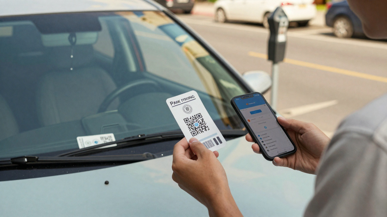 Pessoa usando smartphone para escanear código QR de ticket de estacionamento em carro estacionado na rua.