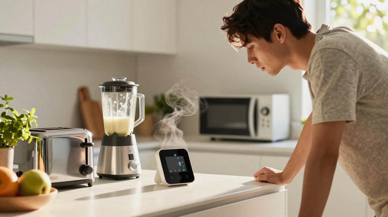 Jovem observa aparelho eletrônico em bancada de cozinha moderna com liquidificador e torradeira.