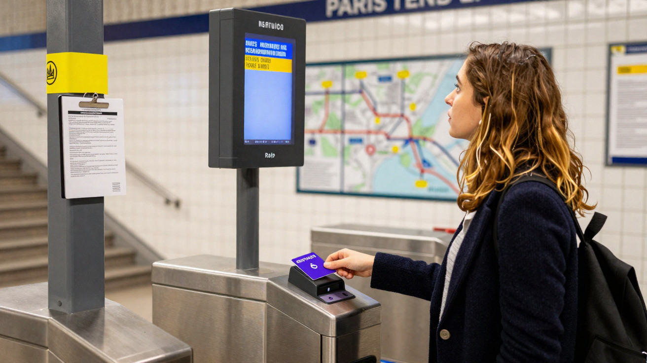 Mulher usando cartão no leitor para passar pela catraca na estação de metrô Paris Ternes.
