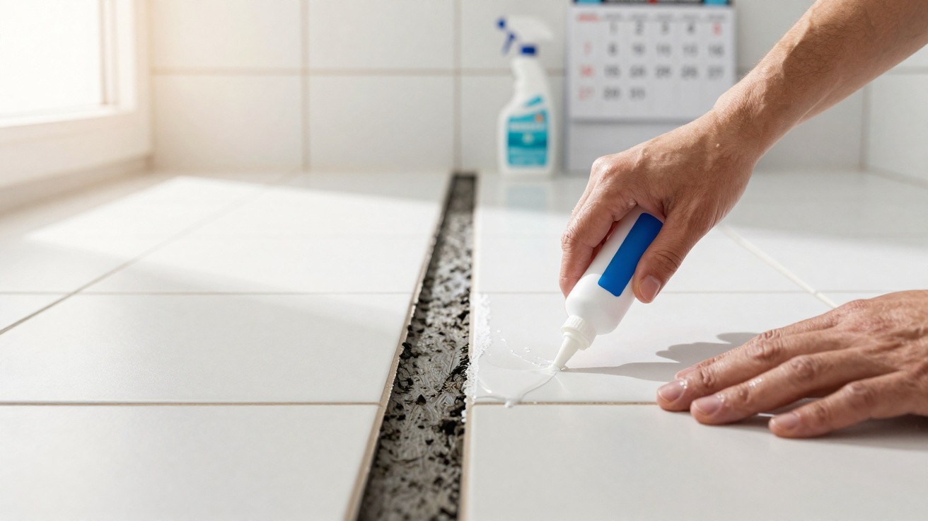 Mãos aplicando cola branca para fixar azulejos brancos ao lado de rejunte escuro recém-removido.