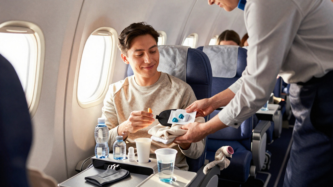 Passageiro recebendo kit de amenidades de comissário durante voo em avião comercial.
