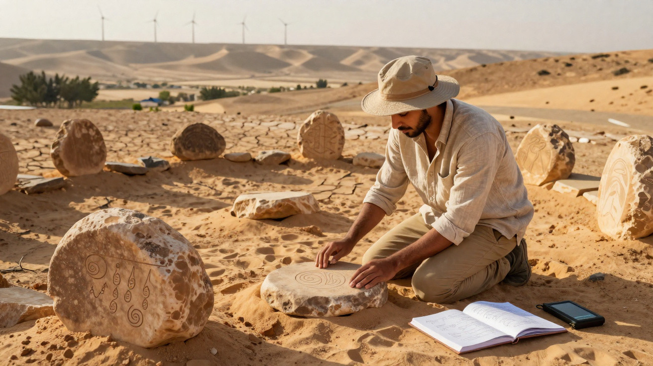 Homem estudando inscrições em pedras no deserto com caderno aberto e turbinas eólicas ao fundo.