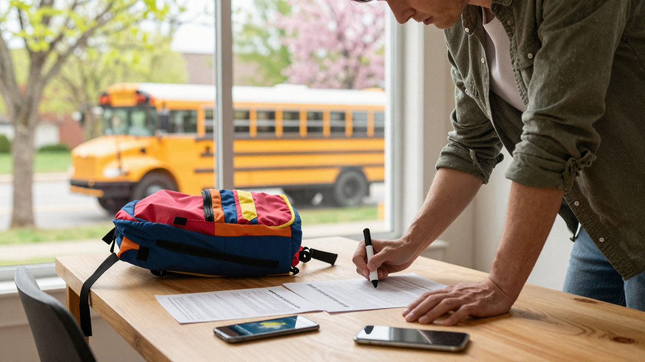 Pessoa assinando documentos em mesa com mochila colorida e ônibus escolar amarelo ao fundo.
