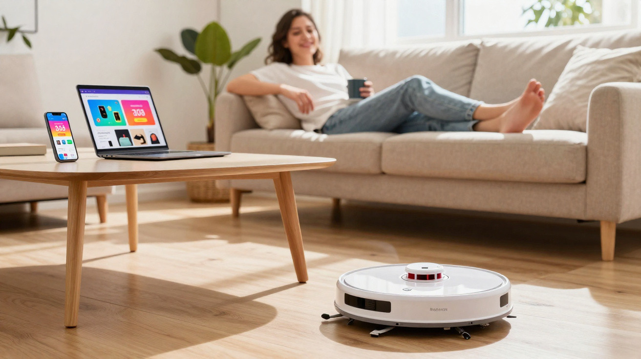 Robô aspirador limpando piso de madeira em sala com mulher relaxando no sofá ao fundo.