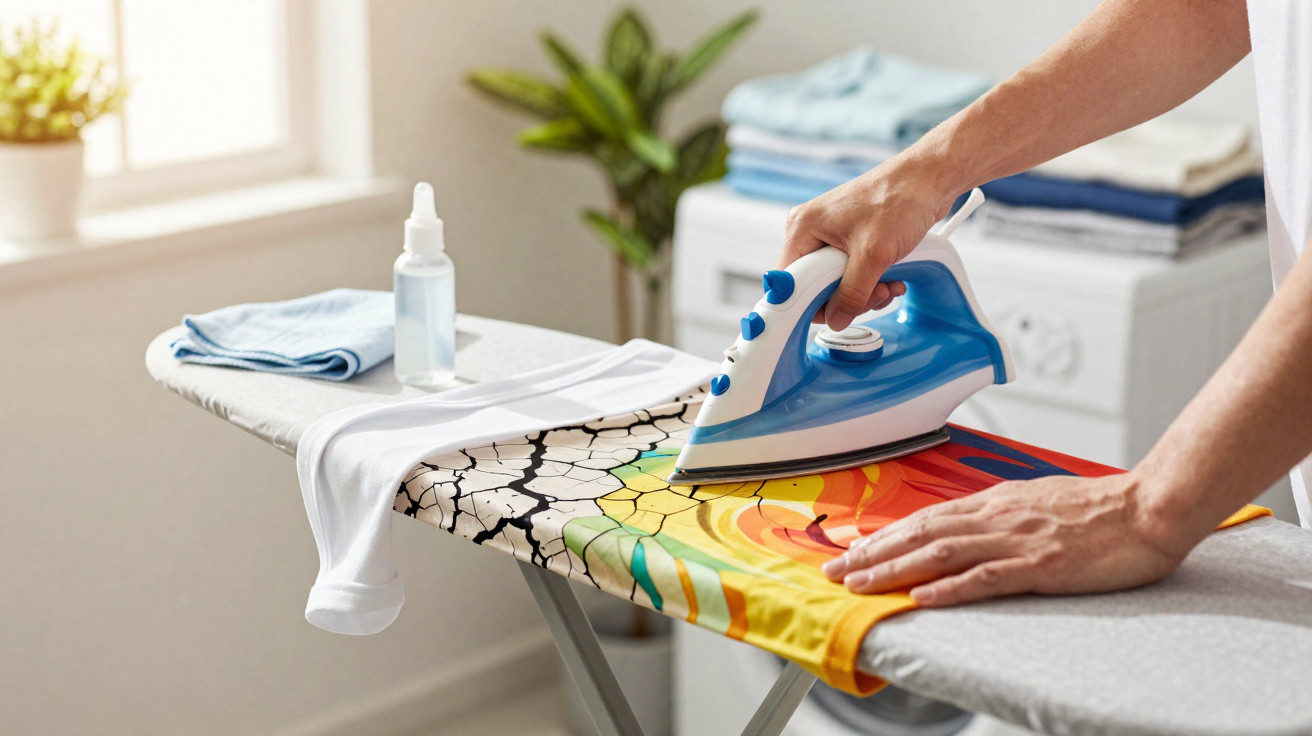 Pessoa passando camisa colorida com ferro azul em tábua de passar roupa em ambiente doméstico.