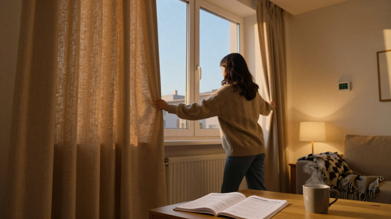 Mulher abre cortinas em ambiente aconchegante com livro e xícara de café em mesa de madeira.