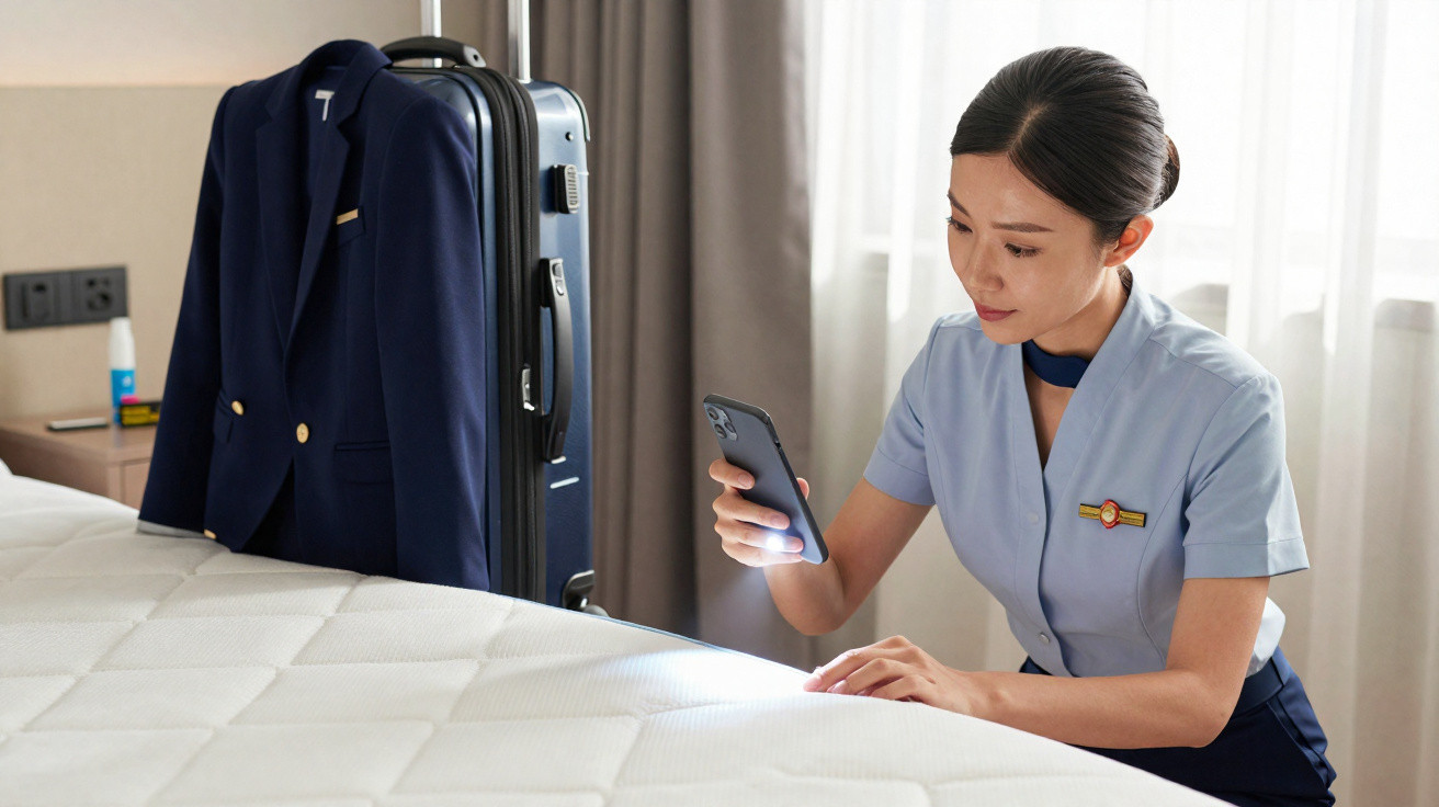 Comissária de bordo inspecionando colchão de quarto de hotel com celular em mãos.