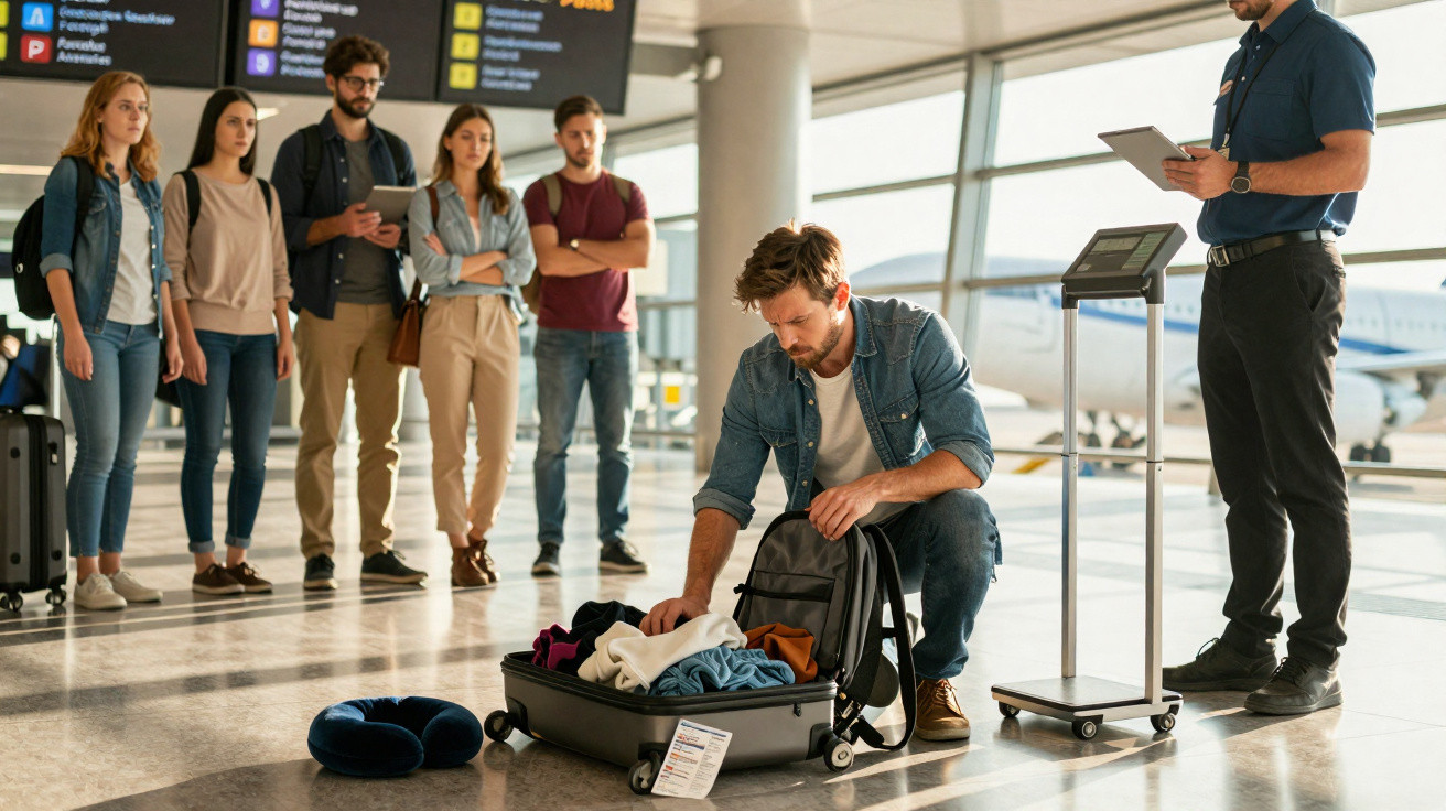 Passageiro abre mala para inspeção de segurança no aeroporto enquanto outras pessoas aguardam na fila.