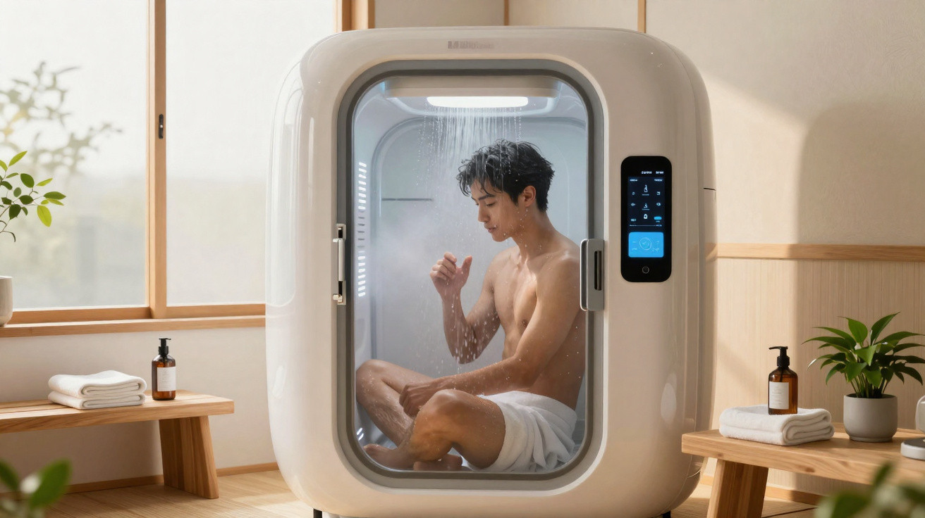Homem sentado dentro de cabine de chuveiro moderno em ambiente claro e arejado.