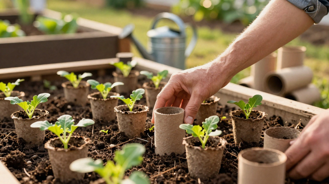 Mãos plantando mudas em vasos biodegradáveis em uma horta com terra e regador ao fundo.