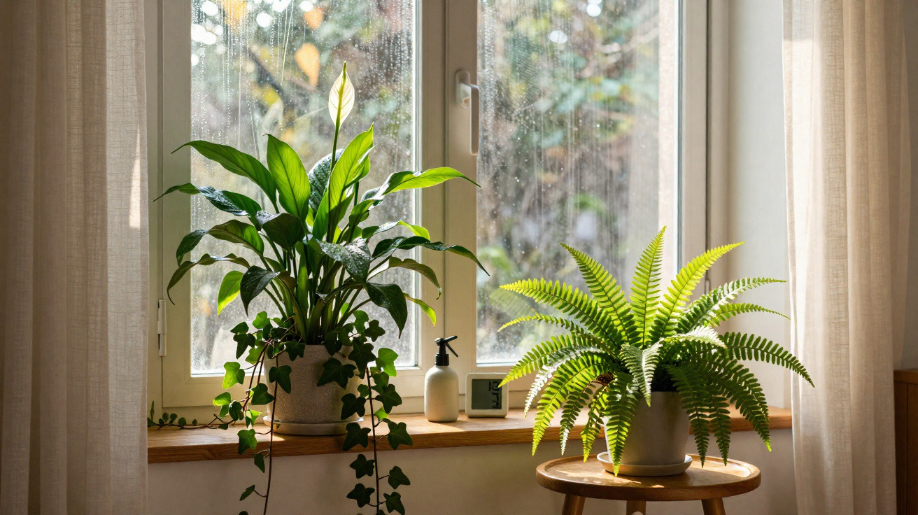 Plantas verdes em vasos posicionadas em frente à janela com cortinas claras e luz natural entrando no ambiente.