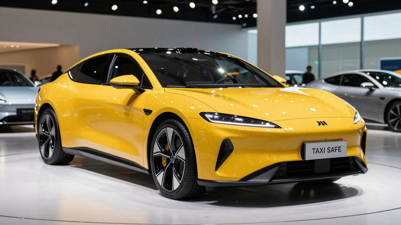 Carro esportivo elétrico amarelo exibido em salão de automóveis, modelo Taxi Safe, design moderno e aerodinâmico.
