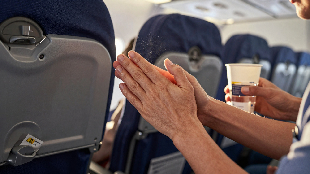 Mãos de passageiro aplaudindo dentro de avião, com copo descartável na outra mão.