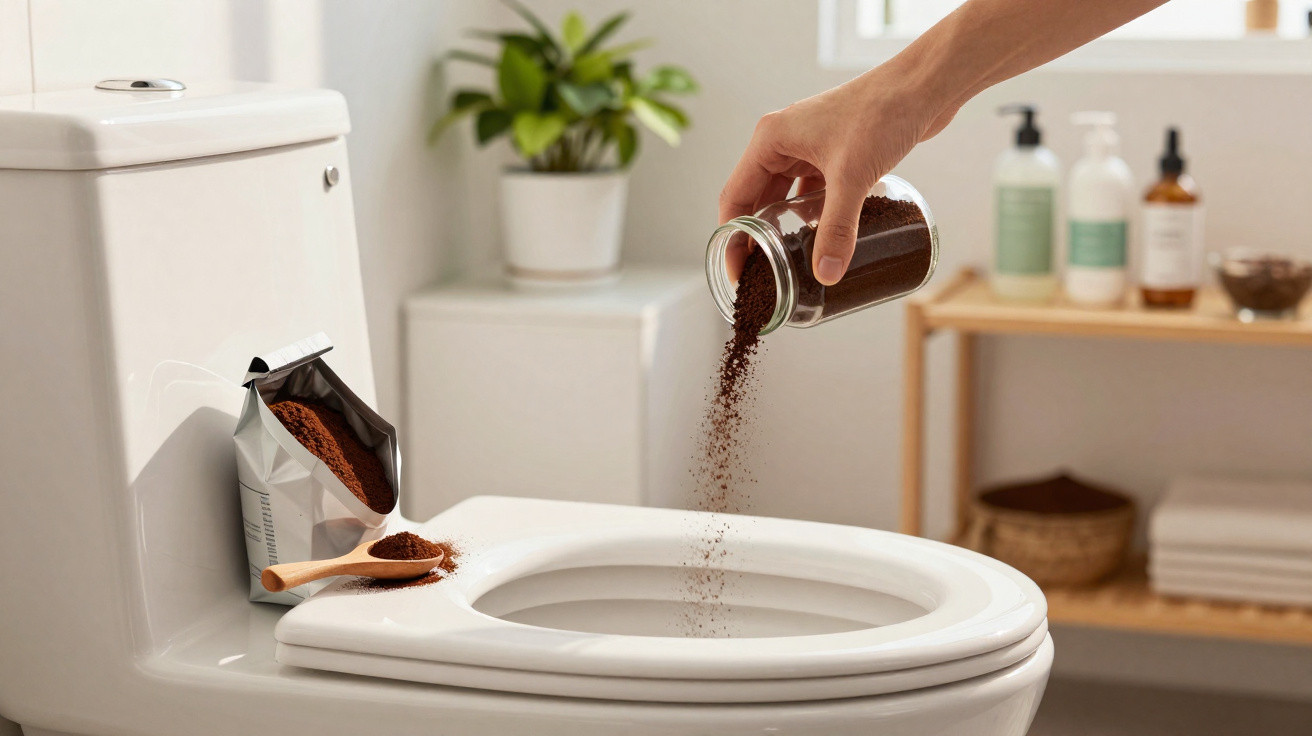 Pessoa despejando café moído no vaso sanitário branco em banheiro com decoração clara e planta ao fundo.