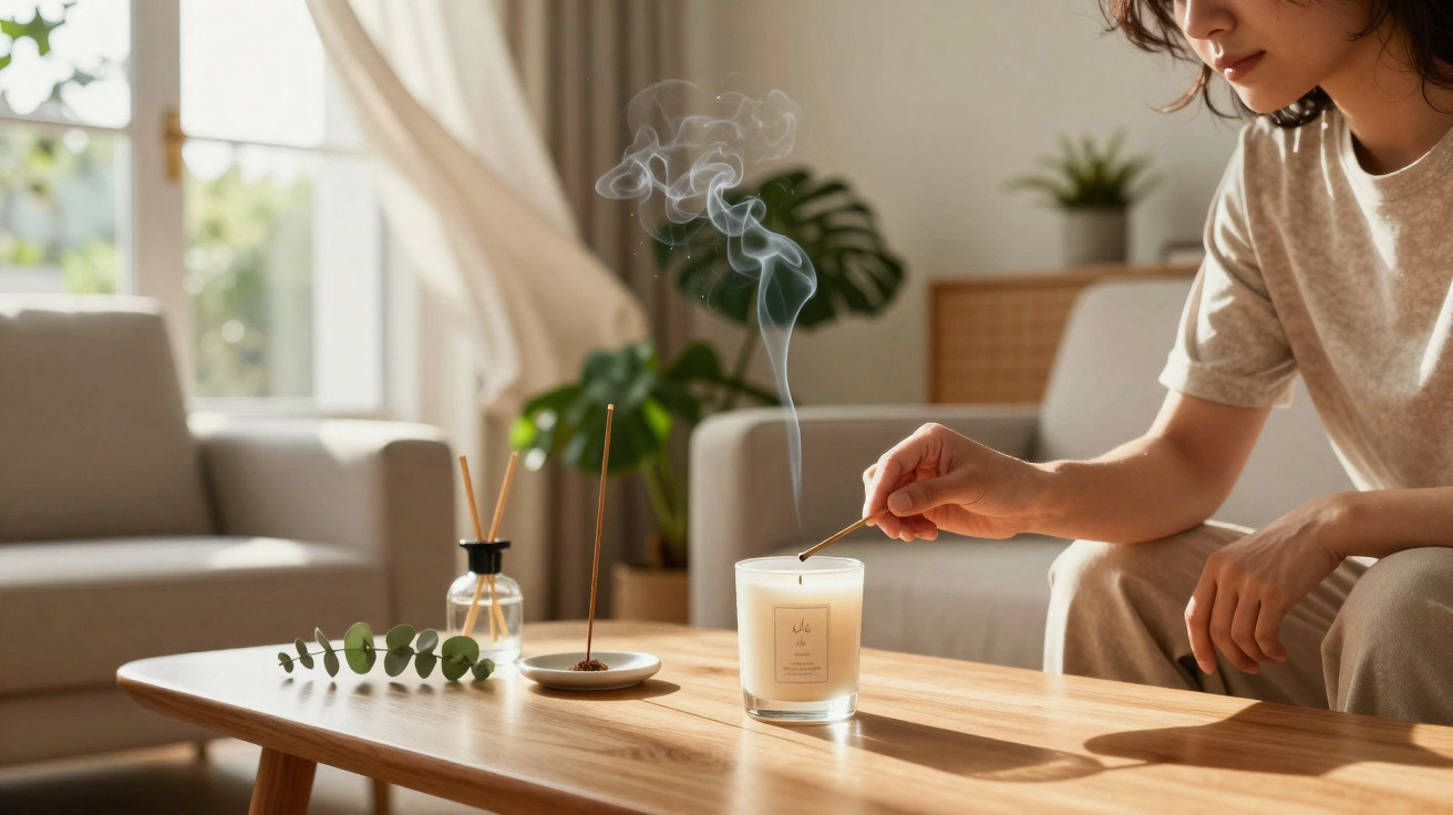 Pessoa acendendo um incenso em vela aromática sobre mesa de madeira em sala iluminada.