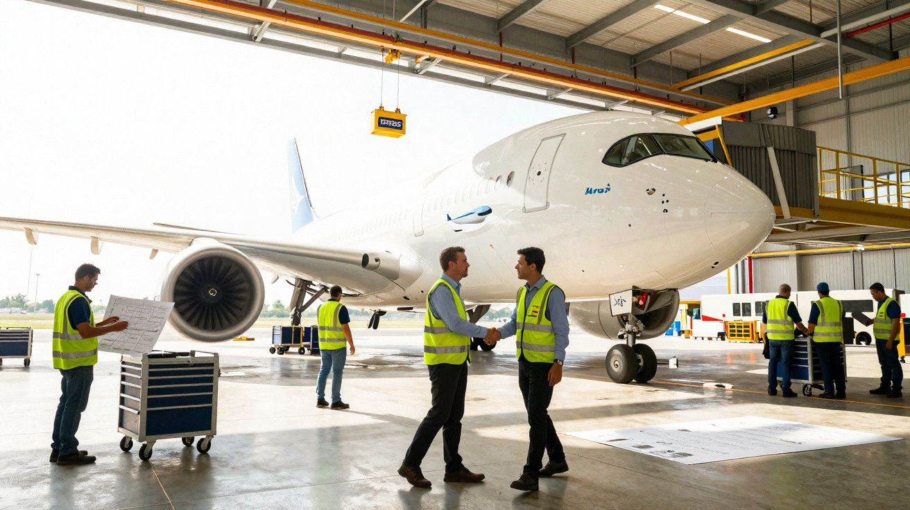 Homens com coletes refletivos trabalham e apertam as mãos ao lado de um avião dentro de um hangar.
