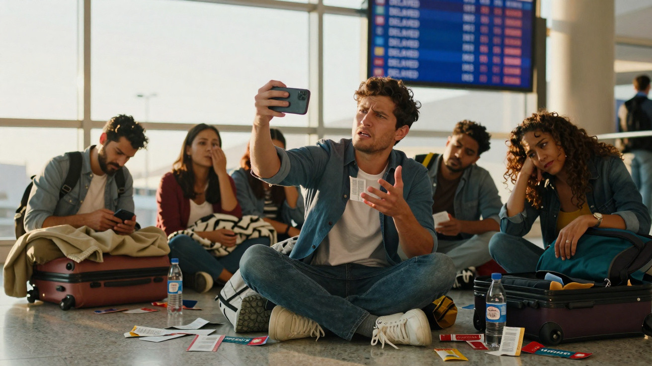 Jovens sentados no chão do aeroporto, parecendo cansados, com malas, bilhetes e água ao redor, esperando voo.