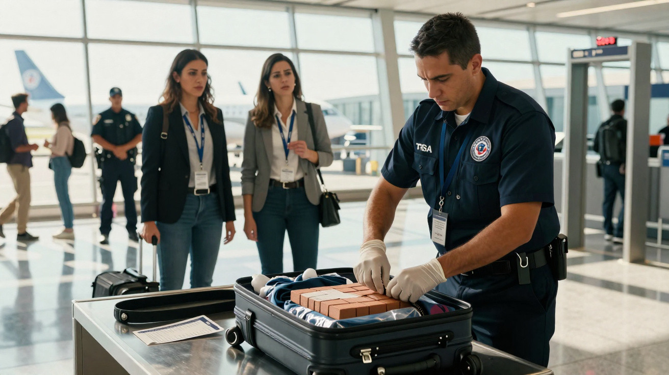 Agente de segurança inspeciona mala de passageira em aeroporto com outras pessoas ao fundo.