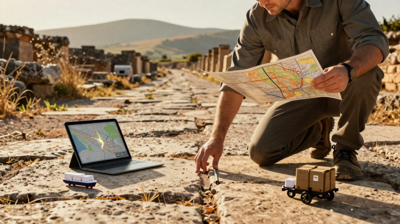 Homem agachado em estrada antiga analisa mapa e tablet com rotas, perto de miniaturas de navio e caminhão.