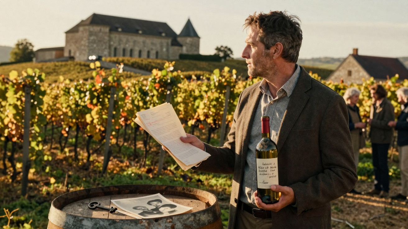 Homem segurando garrafa de vinho e documentos em vinhedo com pessoas e castelo ao fundo ao pôr do sol.