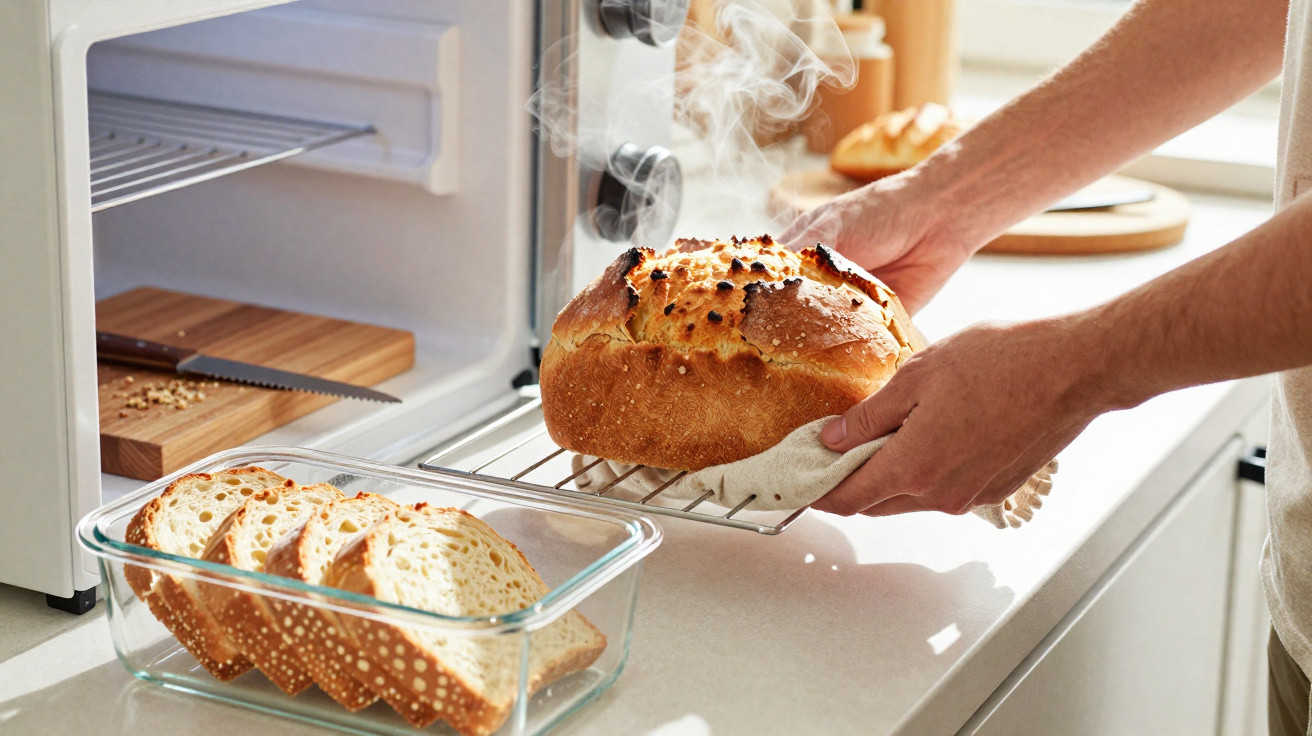 Pão quente saindo do forno com vapor, ao lado fatias de pão em recipiente de vidro sobre bancada branca.