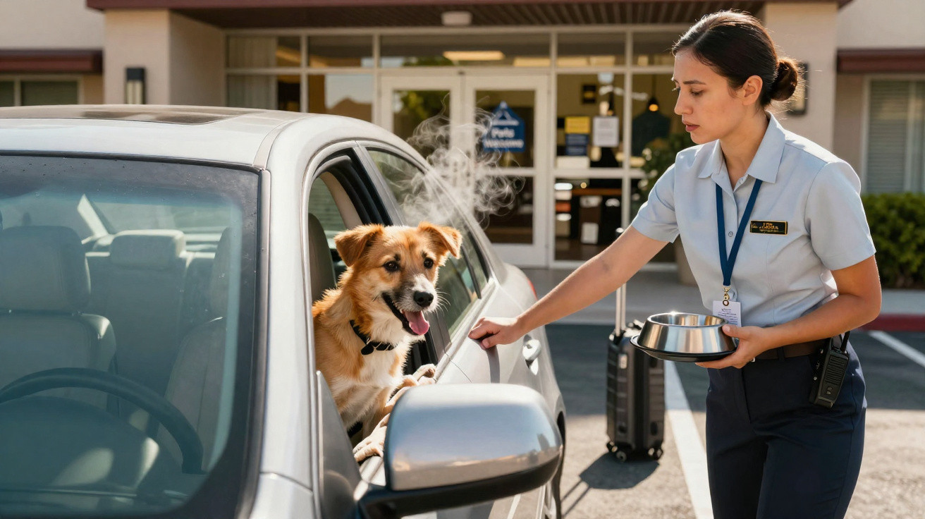 Mulher com uniforme entrega tigela para cachorro dentro de carro estacionado em frente a prédio.